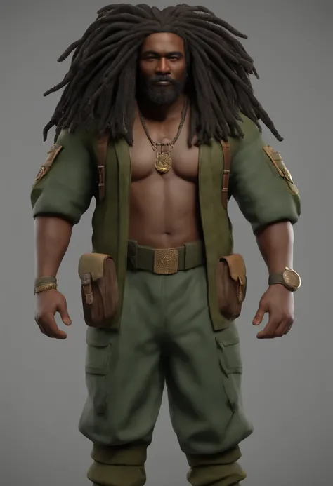 Masterpiece - Illustrations - Detailed - Best Quality) Full body pose thick old man with indigo dreadlocks wearing military clothing with the colors of reggae. 8K resolution, hiper detalhado, Rosto hiper detalhado, anatomia perfeita, ultra-realistic hands....