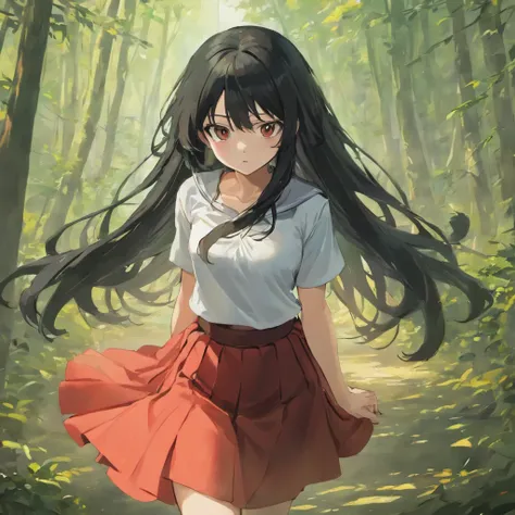 1girl, long black hair, gray eyes, wearing plain white shirt, red skirt, forest, absurdres, high res, ultrasharp, 8K, masterpiece, looking at viewer