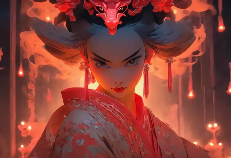 A girl wearing a（Chinese bride with red phoenix crown 1.5），Sit on the dressing table，face to the viewer，the bride，（The red cloth cover on the head is lifted 1.2），（Reveals a pink face1.3），（（（There are many whites of both eyes））），（（（Blood flowed））），（（（Sly la...