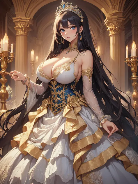 ((anime artstyle)),(Masterpiece),(Best Quality), (Super Detail),((Very Delicate and Beautiful)),cinematic lighting,1 lady,((full body portrait)),((solo)),digital art,(((1 princess in beautiful embroidery and jeweled gorgeous princess rococo ballgown with v...