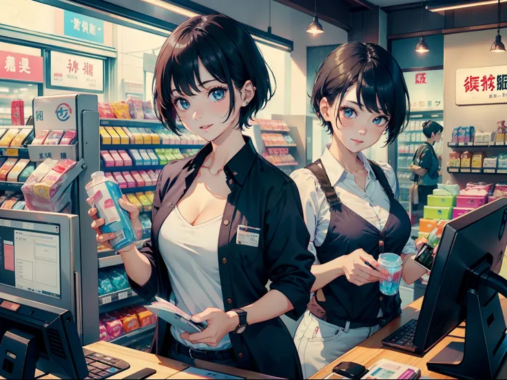 1 female cashier，Drinking water，Blushlush，laughingly，Odd representation，The fountain，Convenience store uniform，In clothing stores、short-hair、cleavage、Have a smartphone、cash register