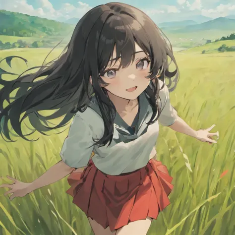 1girl, long black hair, gray eyes, wearing plain white shirt, red skirt, grassland, absurdres, high res, ultrasharp, 8K, masterpiece, looking at viewer, smiling, blue sky