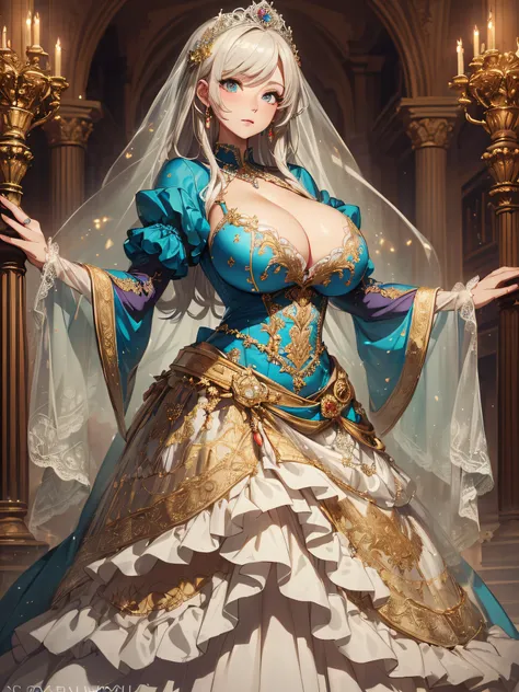 ((anime artstyle)),(Masterpiece),(Best Quality), (Super Detail),((Very Delicate and Beautiful)),cinematic lighting,1 lady,((full body portrait)),((solo)),digital art,(((1 princess in beautiful embroidery and jeweled gorgeous princess rococo ballgown with v...