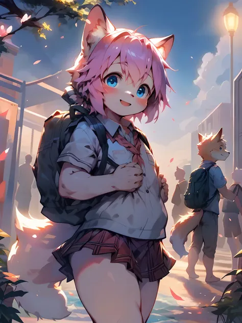 The cutest young happy and smiling fox girl, pink hair, blue eyes, wearing school girl uniform and backpack, at school academy campus, highly detailed background, beautiful bright and sunny day, cherry blossoms blowing in the wind, ambient lights、Natural s...