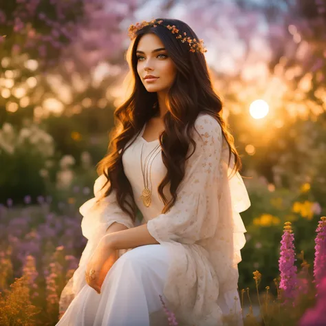 Beautiful mystical woman with brown hair, in a garden enjoying the sunset --auto --s2