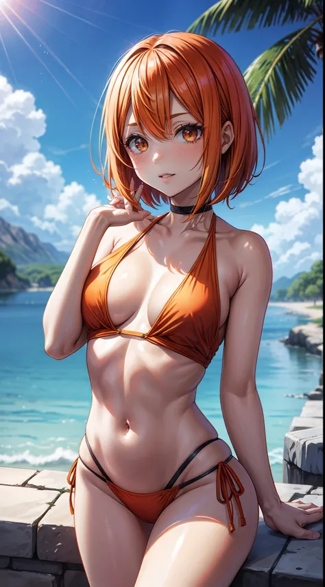 Yotsuba Nakano, franja, short hair, olhos azuis, cabelo entre os olhos, fita de cabelo, faixa de cabelo, orange hair, fita verde, sbikini, estilingue_sbikini_top