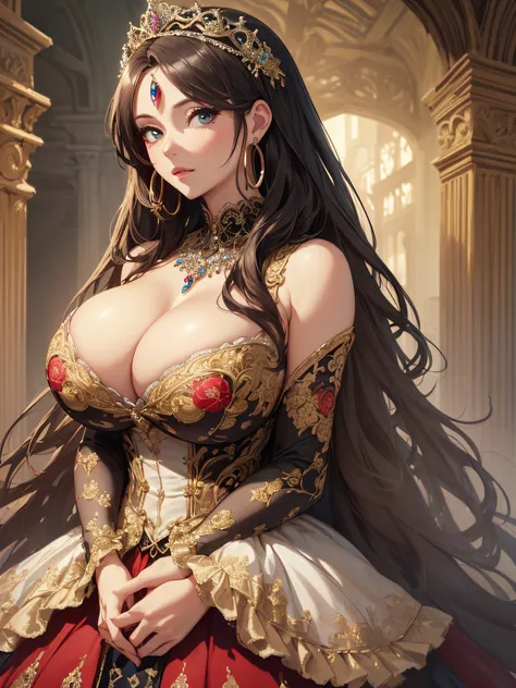 ((anime artstyle)),(Masterpiece),(Best Quality), (Super Detail),((Very Delicate and Beautiful)),cinematic lighting,1 lady,((full body portrait)),((solo)),digital art,(((1 princess in beautiful embroidery and jeweled gorgeous princess rococo ballgown with v...