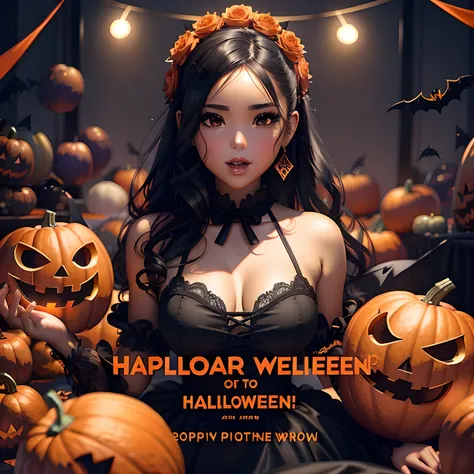 arafed woman in a black dress surrounded by pumpkins, wlop |, halloween atmosphere, halloween art style, wlop!!, halloween celebration, halloween theme, halloween, wlop | artgerm, wlop and artgerm, by WLOP, ☁🌪🌙👩🏾, wlop art, wlop : : 5, halloween night