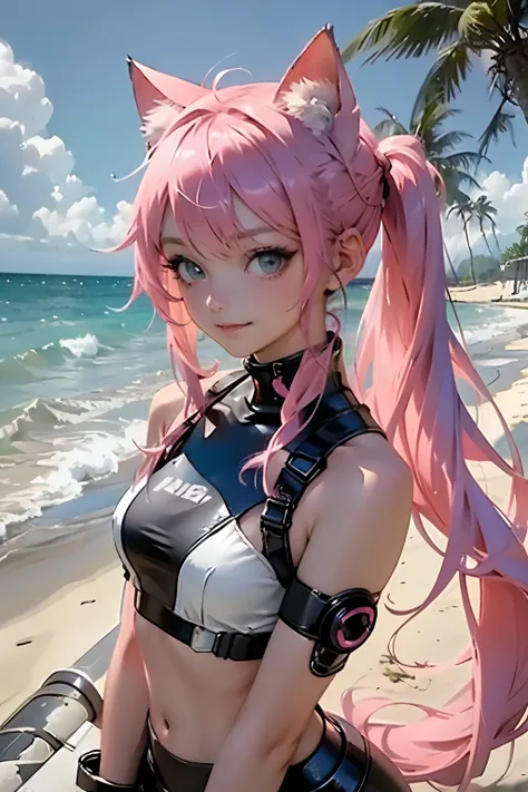 Beautiful woman pink twin tail long hair、cyberpunk style short clothes、Putting on cat ears、gazing at viewer、front facing、A slight smil、sea side、Palm trees