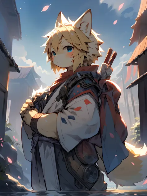 A brave and noble young samurai warrior fox boy, blonde hair, blue eyes, wearing incredibly detailed samurai battle armor and sashimono war flag, Japan sengoku period, highly detailed background, beautiful bright and sunny day, cherry blossoms blowing in t...