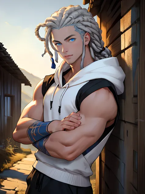 masterpiece, 1boy, young, handsome, white dreadlocks, perfect face, detailed eyes and face, blue eyes, sleeveless hoody, clean shaved, muscular, capturing a rural atmosphere, dynamic lighting