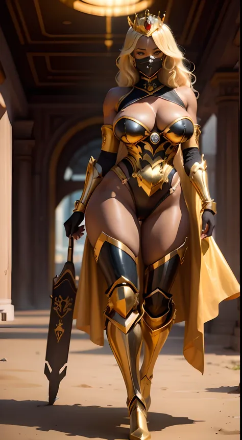 sexy black woman big breasts athletic body golden metal boot golden robotic arm golden metal mask princess red crown nsfw blonde...