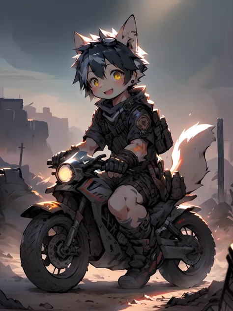 A portrait of the cutest young happy and smiling steampunk fox boy, black hair, yellow eyes, wearing highly detailed steampunk tactical gear and goggles, post apocalyptic motorcycle, tons of tattoos and piercings, in post apocalyptic wasteland, incredible ...