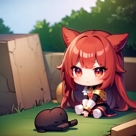 (​master piece, of the highest quality, Best Quality, Chibi, 1girl, Red long hair, kawaii, Troubled face