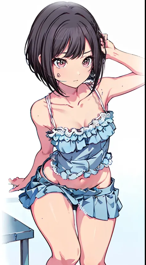 (Light blue camisole　Pull up your skirt to show your panties　Gravure Pose　Very detailed down to the smallest detail　clear outlines　Beautiful face　Beautiful skin)  thin-waist　A slender　ribbed　skinny limbs　teats　cleavage of the breast　Beautiful breasts　a sho...