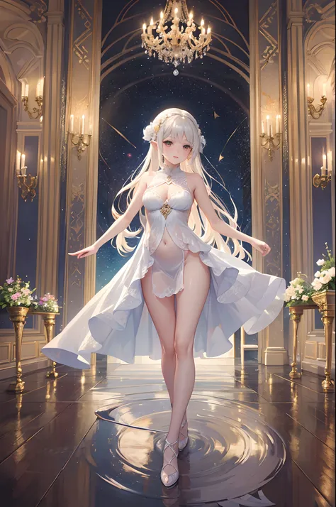 A dancing girl in a white flowery modest gown in a hall of decadent mirrors, her reflections clear across the magnificant hall that tapers towards eternity in a sea of birthing stars that herald the start of a nexus of incandescent possibilities