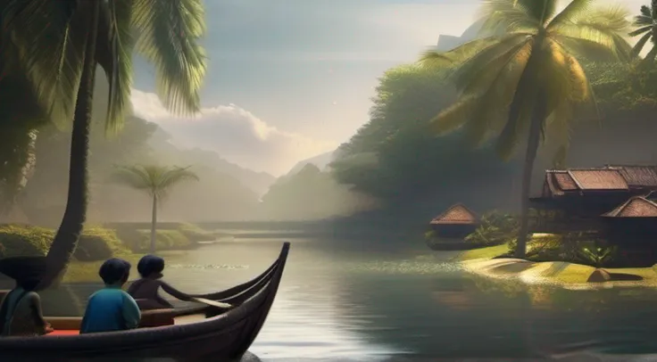 Tranquil scenery of ancient Southeast Asia、bananeiras、Residents are fishing in a creek、master part, melhor qualidade, 4k, 8k, Realistic、foto realista、.RAW, fotografia、fotografia, anatomia perfeita