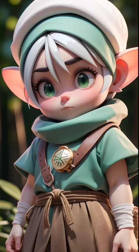 Faelira Gnomos, o pequeno gnomo astuto com longos cabelos castanhos, lovely green eyes and beautiful and innocent appearance, hides his treacherous intelligence. Em uma cena ultra-detalhada, The lighting highlights his astute personality and unwavering mot...