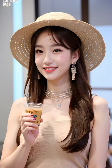 (extra detailed body、extra detailed face、best qualtiy:1.2)、femele、looking at the viewers、(Milk tea brown hair color、Asymmetrical clothing、fashionshow、Fancy piercings、a necklace、large hat、a smile)、(Kaleidoscope in the background)