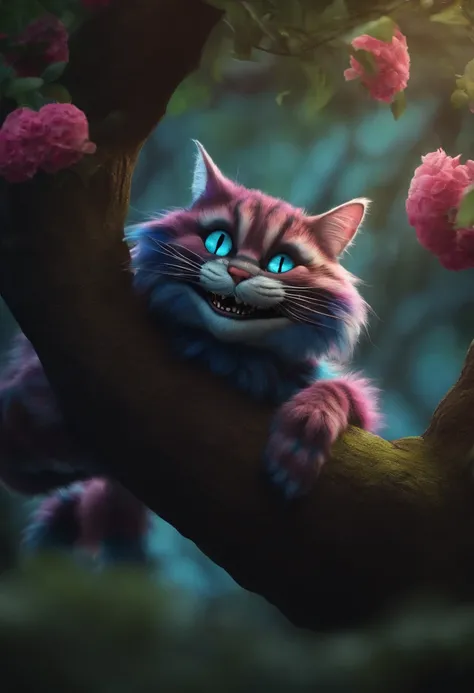 Cheshire Cat From Alice In Wonderland Perched On The Branch of a Tree,4k hiper realista