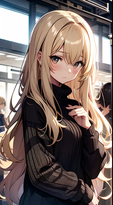 ((Miyuki)) blonde long hair, cute girl, black sweater, asking for help