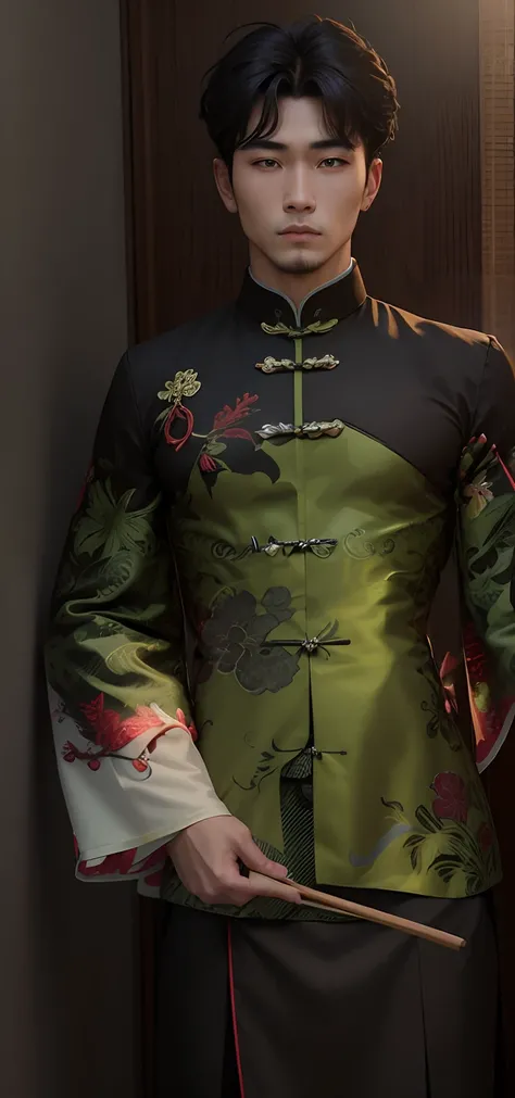 He is wearing a male Qipao, roupa tradicional masculina chinesa, Qipao verde e preto