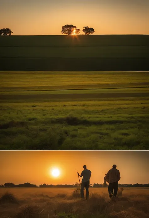 gilsona e gerson, silhueta de dois homens que trabalham nos campos, against the radiant sunset, captured from a distance, vast farm and sky dominating the picture, Well-defined outline of lone farmer, Tons dourados quentes, Dedicated workforce, breath-taki...