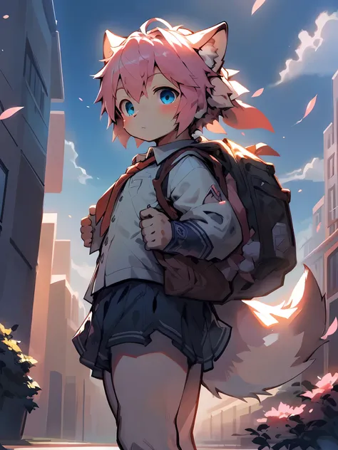 The cutest young fox girl, pink hair, blue eyes, wearing school girl uniform and backpack, at school academy campus, highly detailed background, bright sunny day, cherry blossoms blowing in the wind, ambient lights、Natural soft light、Tyndall effect, Advanc...