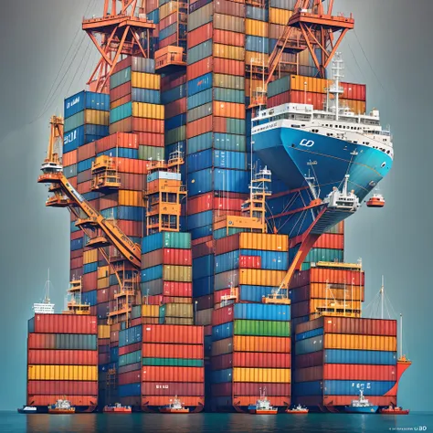 Create a professional and modern logo for "Super E-Port". Incorporate elements of technology like wifi signals and a container crane for logistics. Place a ship at the bottom to represent maritime transport. Use blue for the name and maritime elements, ora...