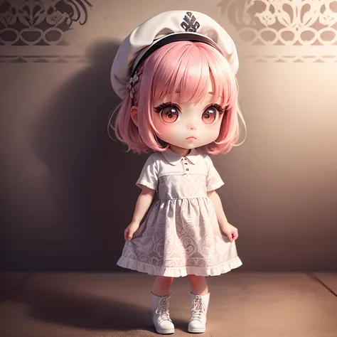 ​masterpiece、top-quality、ultra-detailliert、(Chibi Charas Daughter:1.2)、(Off-white damask pattern shirt dress:1.3)、dark pink hair、White Facinator、White braided boots、The background is wallpaper with a fine heart pattern