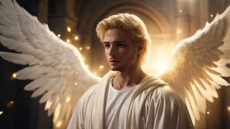 Anjo macho arafed com asas brancas em um quarto escuro, biblical accurate angel, Retrato de um anjo bonito, anjo bonito, Anjo majestoso de corpo inteiro, de anjo lindo, angelic, being brilliant angelic, arcanjo, portrait of magical blond prince, anjo prote...