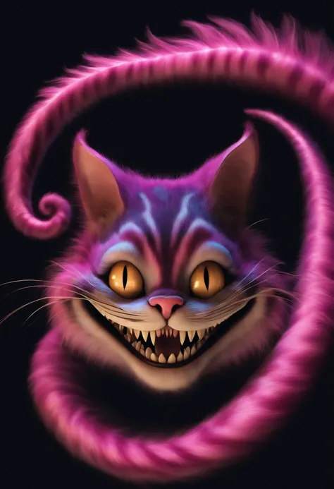 Cheshire cat from Alice in Wonderland floating on a black background ,4K hiper realista