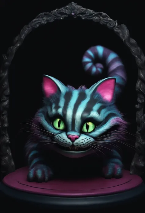 Cheshire cat from Alice in Wonderland floating on a black background ,4K hiper realista