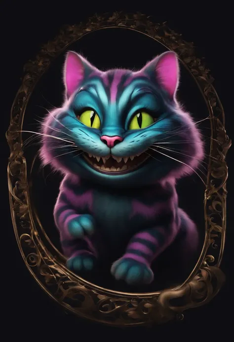 Cheshire cat from Alice in Wonderland smiling, floating on a black background, full body (created with generative AI