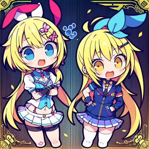 (2 girls) The cutest chibi bunny girls, (1 girl blonde hair, blue eyes) (1 girl rainbow hair, yellow eyes) wearing highly detailed trendy punk rock clothing, tattoos and piercings, finely detailed graffiti background, cherry blossoms blowing in the wind, p...