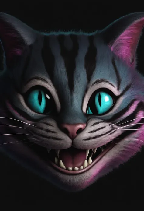 Cheshire cat from Alice in Wonderland smiling, floating on a black background, full body (created with generative AI