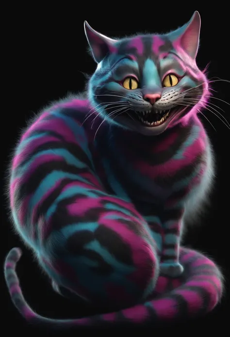 Cheshire cat from Alice in Wonderland smiling, floating on a black background, full body (created with generative AI