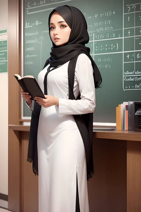 hijabi mathematics teacher who has black scarf and white shirt and dress white giving a lesson, realistic