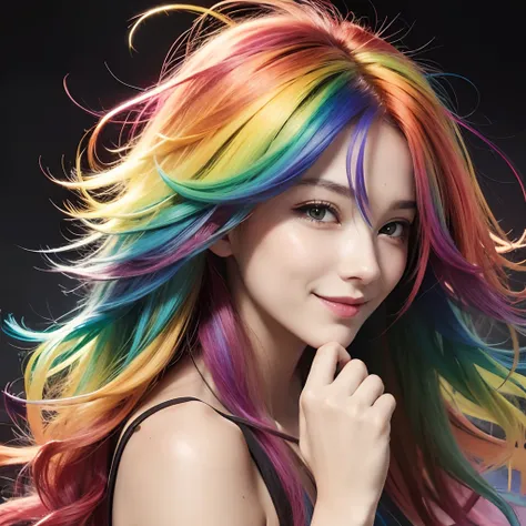 rainbow highlights, woman, front facing, wild messy hair, facing forward, lookong at viewer, bright colors, vivid colors, bright...