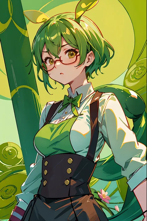 masutepiece:1.2, Best Quality), (动态照明) 1lady, Solo, Short hair, Big breasts,  (Shiny skin:1.2), Upper body, Polarized glasses, Steampunk, Wavy green hair,suspenders, Flowers on the ears, harajuku style, hair pin, Lori ,Ahoge