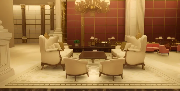 The hotel lobby has a neoclassical style, with patterns, moldings, and splendid lights, luxurious and authentic