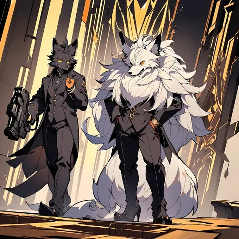 ((((fat werewolf in stylish muscular black suit ,big werewolf in elegant fur coat, wolf ears,wolf nose,wolf hand,exudes elegance...