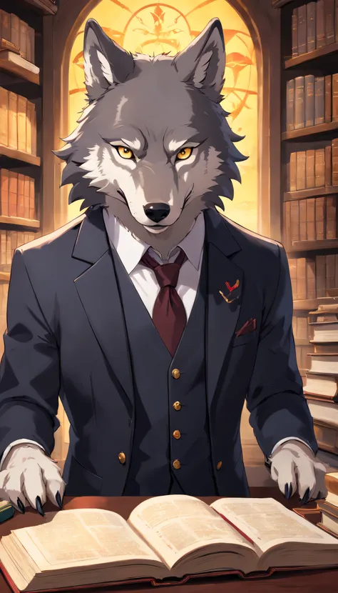 A majestic wolf with a distinguished air, His penetrating gaze speaks of wisdom and experience, a black suit, black vest, office lit in the background, book in hand.