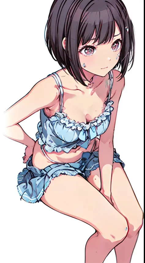 (Light blue camisole　Pull up your skirt to show your panties　The bra is visible　Gravure Pose　Very detailed down to the smallest detail　clear outlines　Beautiful face　Beautiful skin)  thin-waist　A slender　ribbed　skinny limbs　teats　cleavage of the breast　Beau...