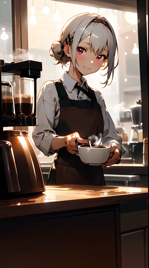 (masutepiece), Best Quality,  Girl working in coffee shop, She is making coffee in a machine, Coffee making, Perfect face, Expressive eyes, Brown Apron, Coffee shop from inside, Short hairstyle with silver hair and bob, Hair tied in a bun with a hair clip,...