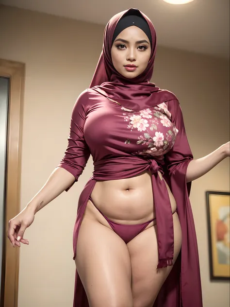 RAW, Best quality, high resolution, work: 1.3), beautiful Malay woman wearing a tight silk Malay gamis with pastel floral patterns in hijab, ,big breasts, (masterpiece, perfect slim body,(absurdres:1.3), walking (skin detail: 1.3 , facial details:1.3), loo...