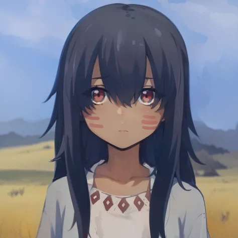 A  girl. indian. red patterns on the face.  suntanned skin. disheveled hair. Native American clothing. dark colored hair. calm face. Narrow mouth against the background of the steppe