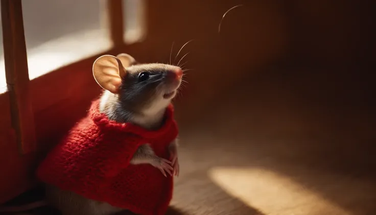 overhead view of a cute mouse wearing a red sweater, laying on its back, looking at the ceiling and deep in thought