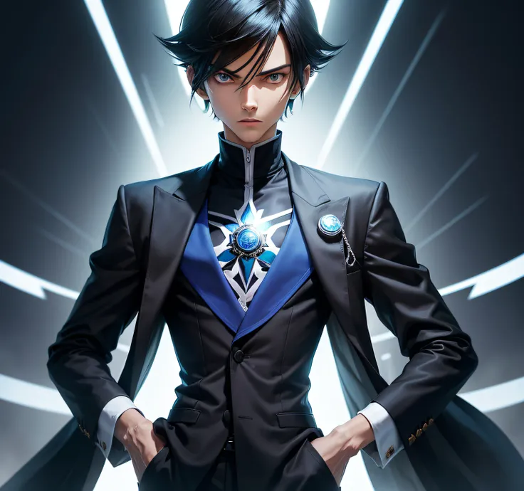 Crie uma imagem de Seto Kaiba, one of the most iconic characters in the Yu-Gi-Oh universe!. He is a tall, slender man with black hair combed back to perfection. His blue eyes are piercing and reflect his determination and confidence. Kaiba veste um terno e...