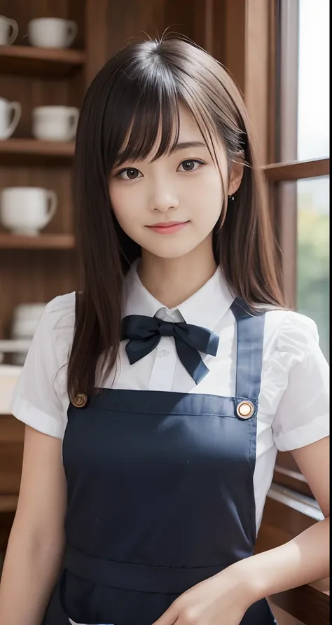 (top-quality、​masterpiece:1.2)、Best Quality、realisitic、photoshot、hight resolution、1080p、8K、Textured skin、Physical Rendering、1 Japan Girls、High school students、kawaii、Young Face、Rolled hair、(waitresses:1.5、Ruffled apron)、resturant、pretty pose、full of shynes...